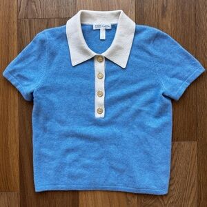 AQUA Cashmere x Venus Williams Blue & White Contrast Collar Cashmere Shirt